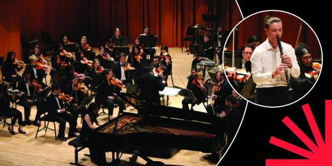 2024 Concerto Winners with Symphony Orchestra; photos in circles over black background with red spark.