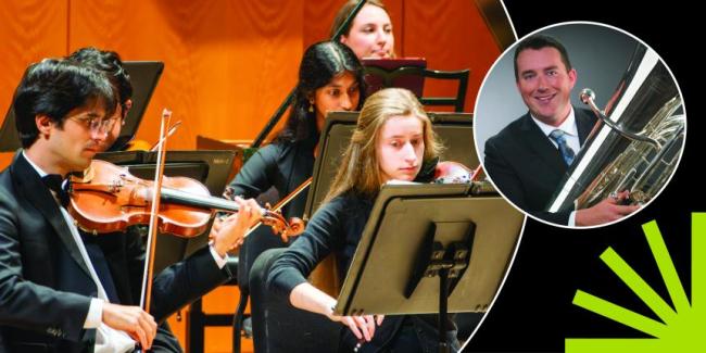 UGA Symphony Orchestra with Matthew Shipes, tuba in circles over a black background with a green spark.
