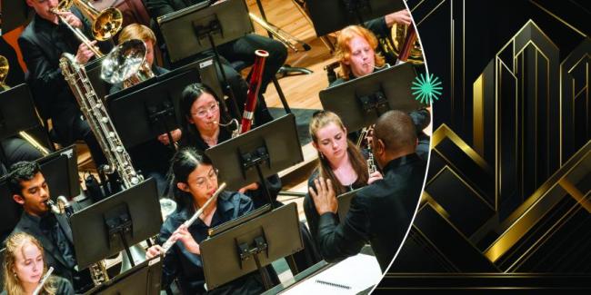 Wind Ensemble in circle over black and gold Art Deco background with blue spark.