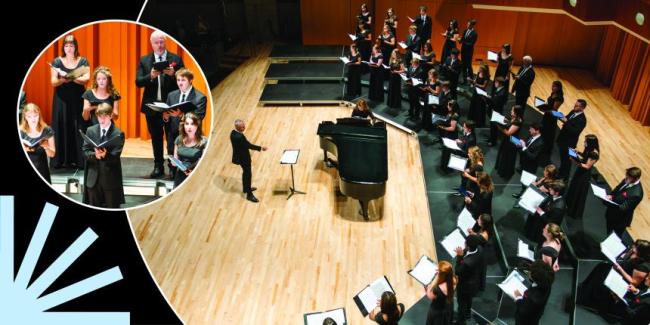 Hodgson Singers in circles over black background with light blue spark