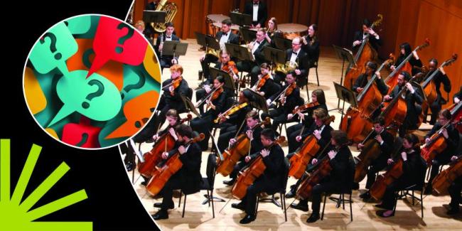UGA Symphony Orchestra and Question Mark Word Bubbles in circles over a black background with a green spark.