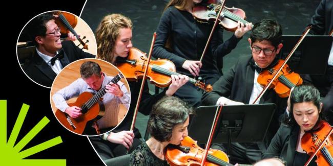 ARCO Chamber Orchestra; Daniel Bolshoy, guitar; Pyeongkang Park, guest conductor; photos in circles over black background with green spark.