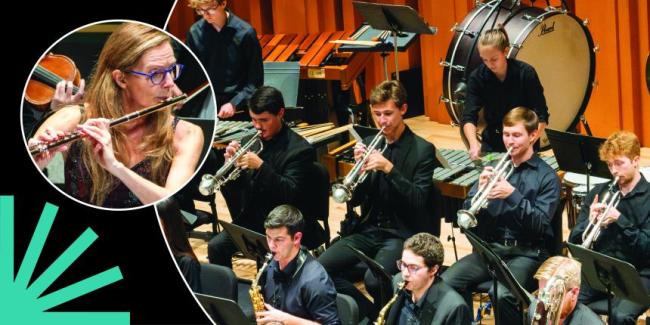 Wind Ensemble and Angela Jones-Reus, flute, in circles over black background with blue spark.