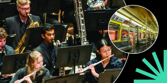UGA Wind Ensemble with New York Subway Train inset; both in circles on black background with blue spark.