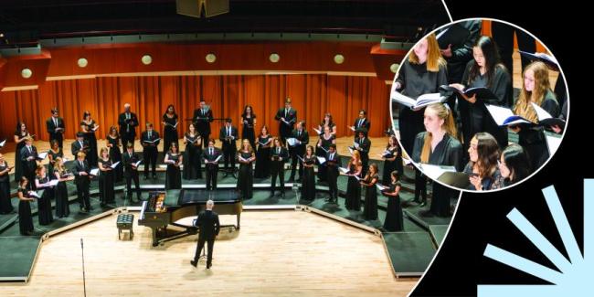 Hodgson Singers with Treble Choir in circles over black background with pale blue spark.