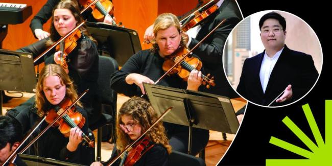 UGA Symphony Orchestra with Nicholas Han, conductor in circles over a black background with a green spark.