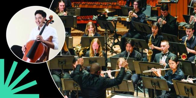 James Kim and Wind Ensemble in circles over black background with a blue spark.