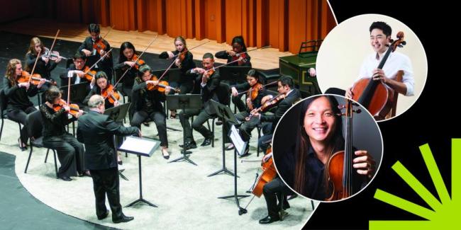 ARCO Chamber Orchestra; James Kim, cello; Oliver Yatsugafu; photos in circles over black background with green spark.