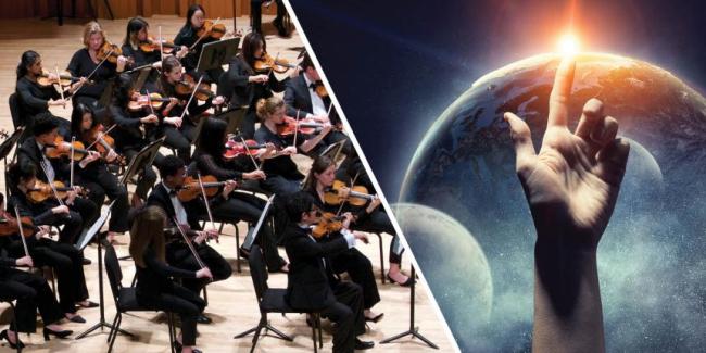 Split image, UGA Symphony Orchestra and hand with glowing index finger in the cosmos.