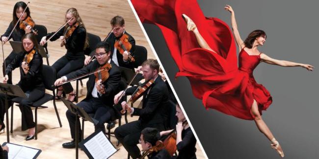 Split image, ARCO Chamber Orchestra and Ballet dancer in red