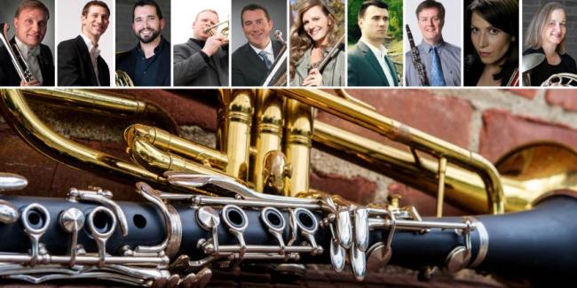 Ten faculty performers headshots and an image of brass and wind instruments.