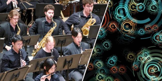 Split image, UGA Wind Ensemble and round circles representing sound waves.