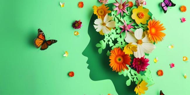 Silhouette of a face with flowers and butterflies in and around the mind. Light green background.