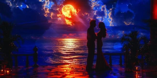 Silhouette of a couple by moonlight near the shore.