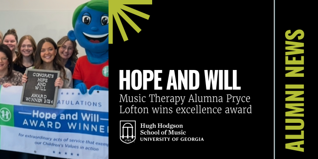 Pryce Lofton receiving the Hope and Will Award from Arthur M. Blank Hospital, plus copy and graphics