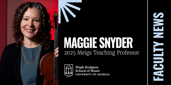 Maggie Snyder with viola, plus text and graphics