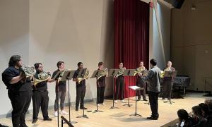  James Naigus (right) conducts the UGA Horn Choir during a performance at the SEHW in Edge Hall.