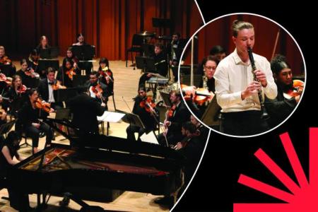 2024 Concerto Winners with Symphony Orchestra; photos in circles over black background with red spark.