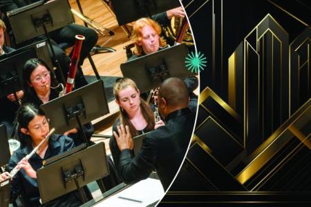 Wind Ensemble in circle over black and gold Art Deco background with blue spark.