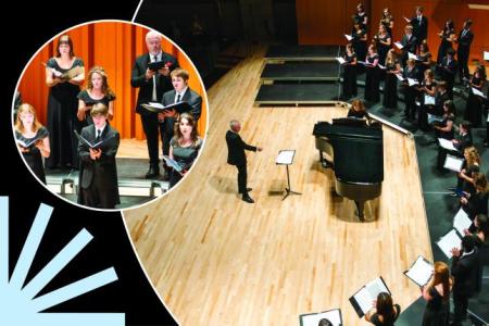 Hodgson Singers in circles over black background with light blue spark