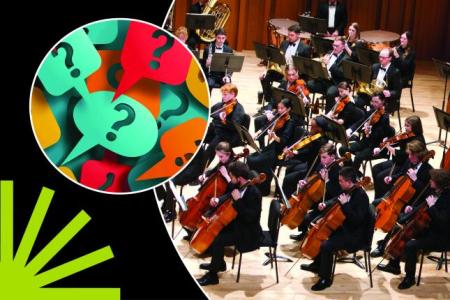 UGA Symphony Orchestra and Question Mark Word Bubbles in circles over a black background with a green spark.