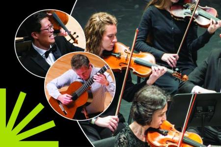 ARCO Chamber Orchestra; Daniel Bolshoy, guitar; Pyeongkang Park, guest conductor; photos in circles over black background with green spark.