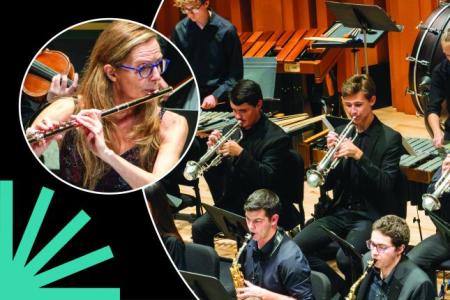 Wind Ensemble and Angela Jones-Reus, flute, in circles over black background with blue spark.