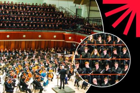 Photos from 2025 Combined Concert; photos in circles over a black background with a red spark.