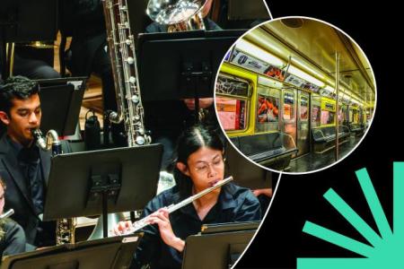 UGA Wind Ensemble with New York Subway Train inset; both in circles on black background with blue spark.