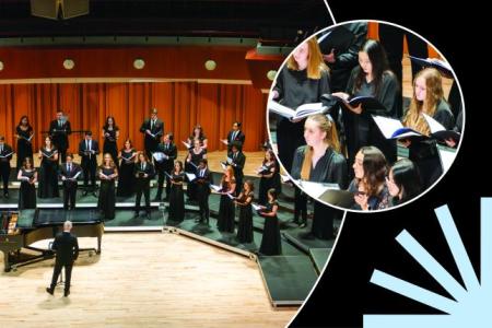 Hodgson Singers with Treble Choir in circles over black background with pale blue spark.