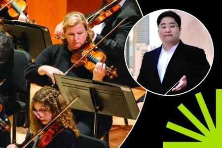 UGA Symphony Orchestra with Nicholas Han, conductor in circles over a black background with a green spark.