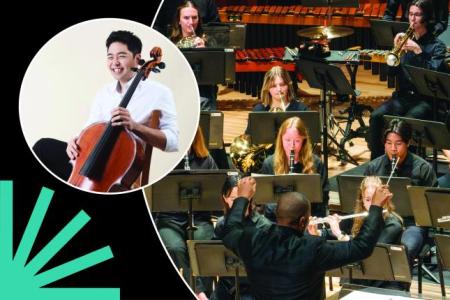 James Kim and Wind Ensemble in circles over black background with a blue spark.