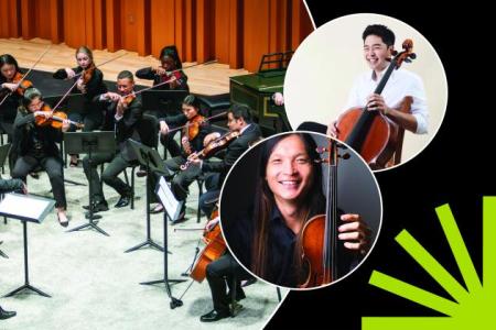 ARCO Chamber Orchestra; James Kim, cello; Oliver Yatsugafu; photos in circles over black background with green spark.