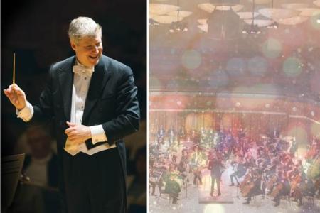 Split image, Conductor Michael Stern and the UGA Symphony Orchestra under sparkling lights.