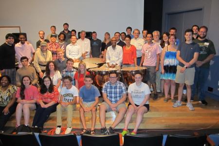 Tim Adams Jr. and KImberly Toscano-Adams with students at the 34th-annual Cloyd Duff International Timpani Seminar.