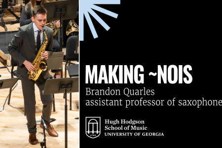 Brandon Quarles playing saxophone, plus copy and graphics.