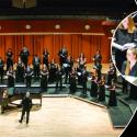 Hodgson Singers with Treble Choir in circles over black background with pale blue spark.