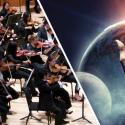 Split image, UGA Symphony Orchestra and hand with glowing index finger in the cosmos.