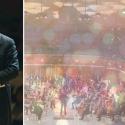 Split image, Conductor Michael Stern and the UGA Symphony Orchestra under sparkling lights.