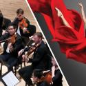 Split image, ARCO Chamber Orchestra and Ballet dancer in red