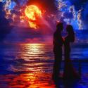 Silhouette of a couple by moonlight near the shore.